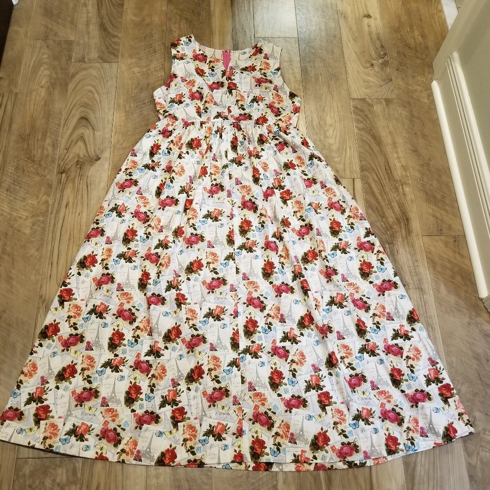 Vintage Handmade Romantic Boho Midi Dress Postcard From Paris Floral Butterflies